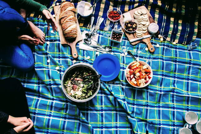 Un picnic en el campo con comida sana y variada - foto de stock