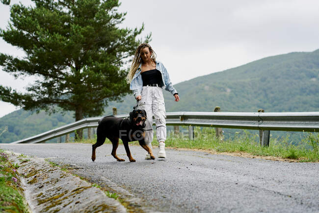 Jovem mulher com cabelo loiro trançado vestindo uma jaqueta de ganga e jean branco andando seu cão em um dia chuvoso — Fotografia de Stock