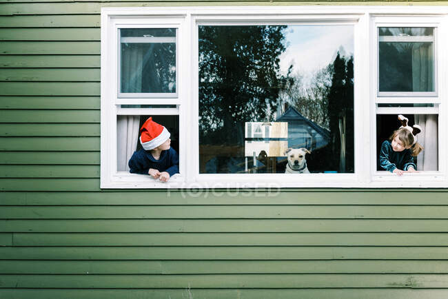 Deux enfants et leur chien regardant par la fenêtre attendant le Père Noël — Photo de stock