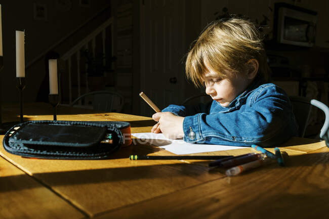 Маленький хлопчик працює над домашнім завданням для дистанційного навчання вдома — стокове фото