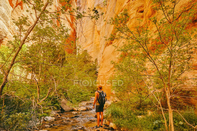 Jeune homme portant un chapeau, explorant un canyon à sous à Kanarra Fall, Utah — Photo de stock