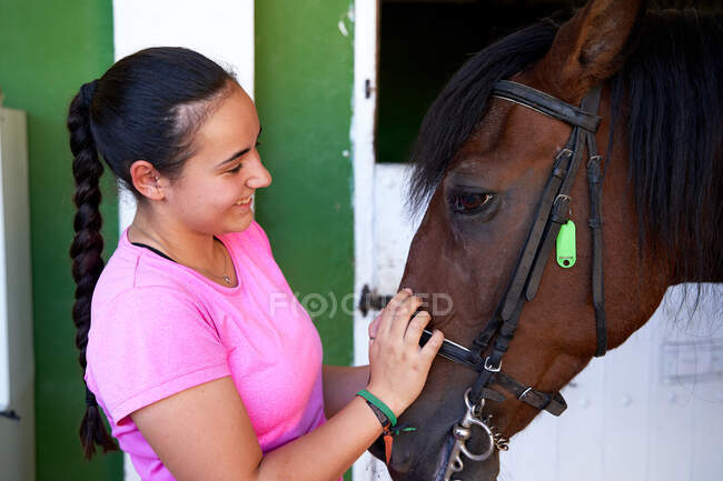 Chica cuida de su caballo antes de montar clase - foto de stock