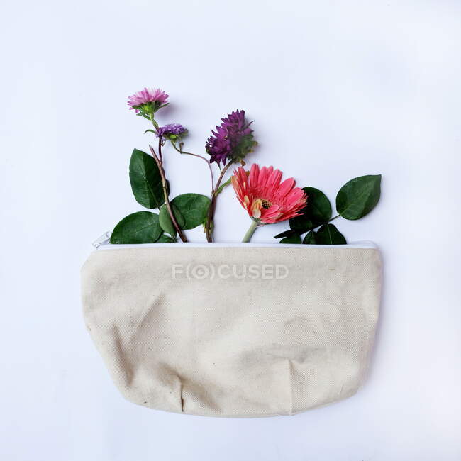 Belles fleurs et sac sur fond, gros plan — Photo de stock
