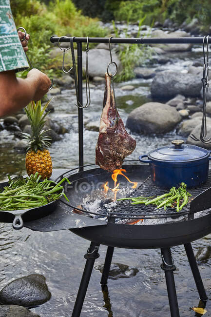 Chef Preparando churrasco no acampamento Cozinha perto de Stream — Fotografia de Stock