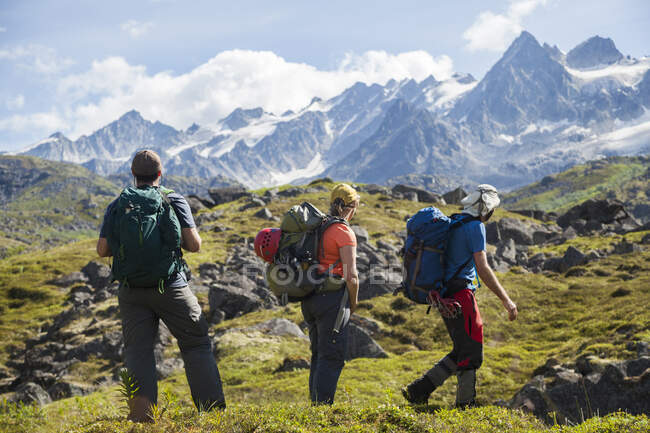 Three hikers enjoy views of Talkeetna Mountains, Alaska — Stock Photo