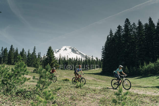 Три женщины катаются на велосипеде по тропе возле горы. Худ-ин-Орегон. — стоковое фото