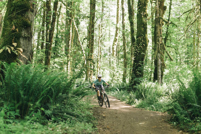 Eine Radfahrerin fährt auf einem Trail in der Nähe von Sandy, Oregon. — Stockfoto