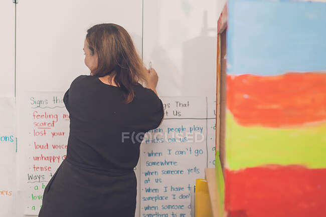 Grundschullehrerin hängt Plakate an die Wand. — Stockfoto