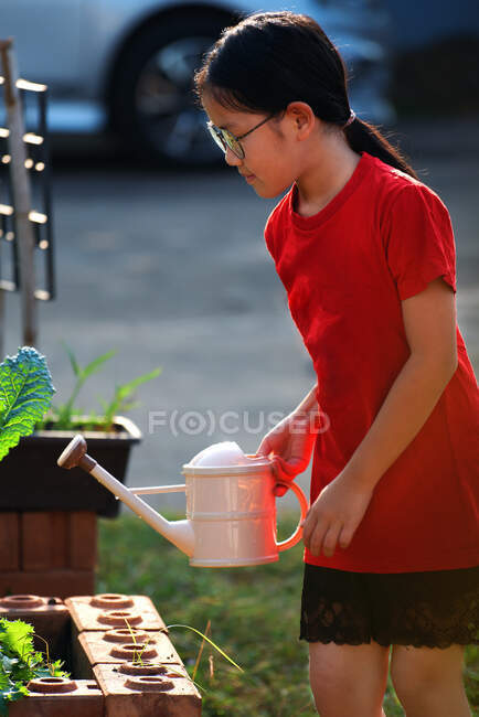 Una chica está regando sus verduras - foto de stock