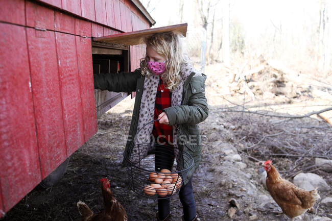 Girl wearing mask collecting eggs from henhouse outside in fall — Stock Photo