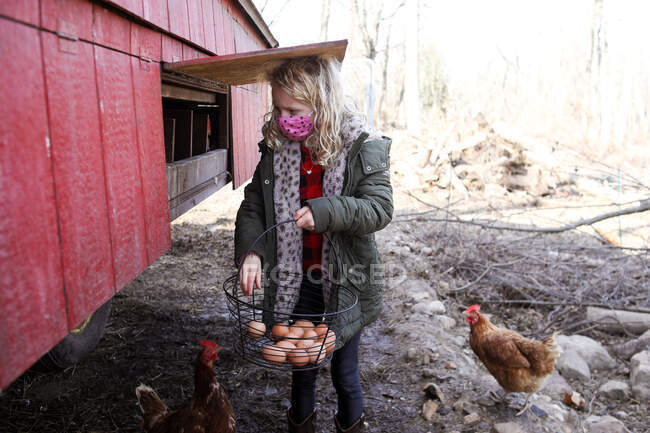 Ragazza che indossa maschera raccogliendo uova dal pollaio fuori in autunno — Foto stock
