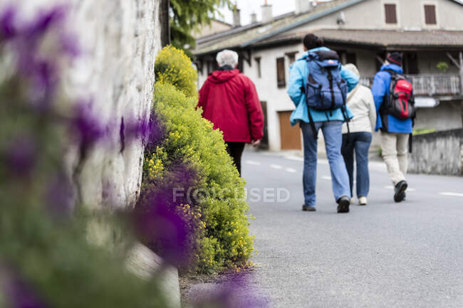 Vue arrière du groupe de touristes marchant dans la vieille ville — Photo de stock