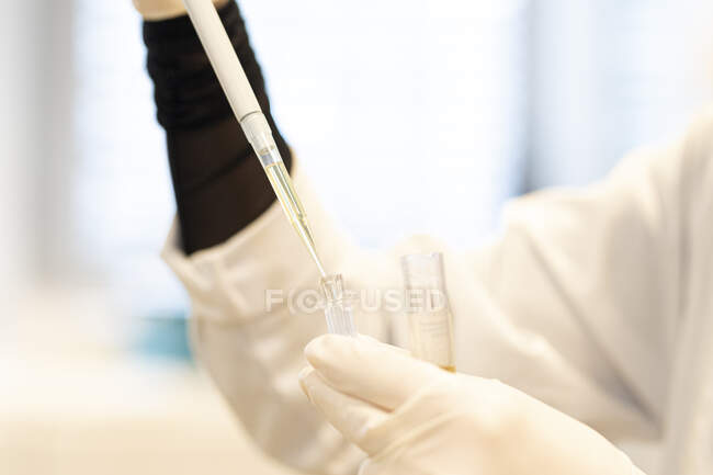 Cientistas segurando tubos de ensaio com líquidos na mão — Fotografia de Stock