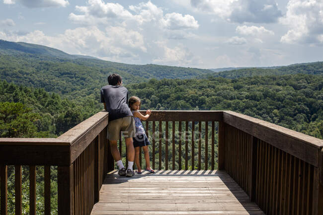 Un niño pequeño se apoya contra el padre en la plataforma con vistas al bosque - foto de stock