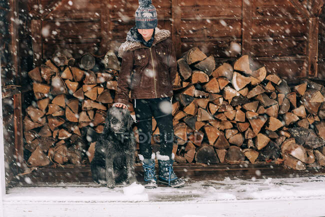 Boy and dog standing in front of wood pile — Stock Photo
