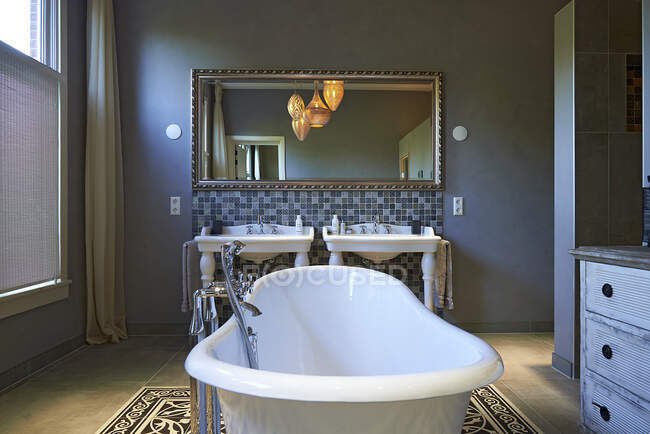 Дизайнерська ванна кімната з безкоштовною стоячою ванною і красивими особливостями — стокове фото