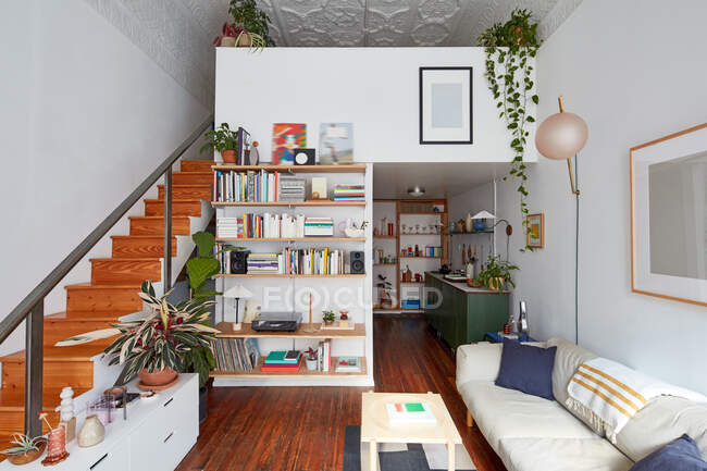 Interior da moderna sala de estar com sofá e plantas — Fotografia de Stock
