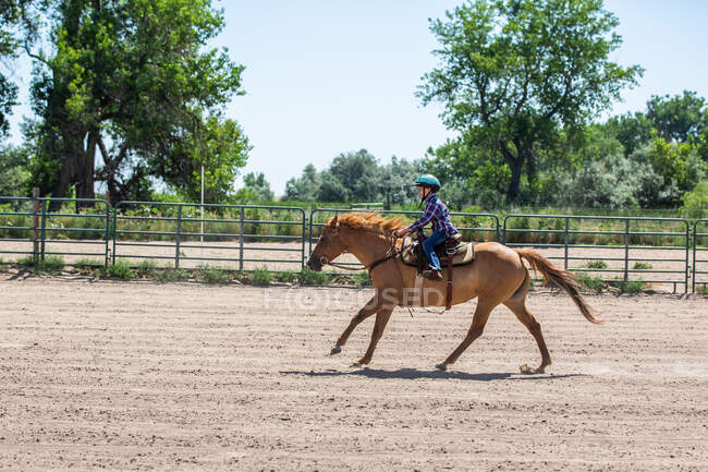 Mädchen reitet Pferd schnell in einer Arena — Stockfoto