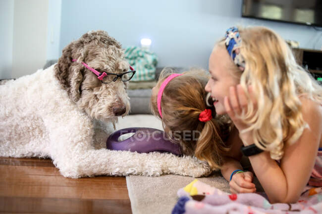 Two girls playing with large brown and white dog on floor at home — Stock Photo