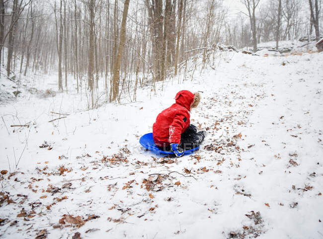 Niño en abrigo rojo trineo colina abajo en el bosque en un día de invierno nevado. - foto de stock