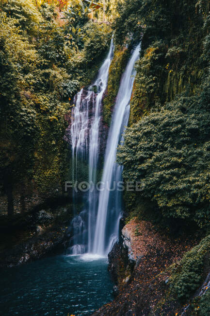 Lange Belichtung des Wasserfalls im Regenwald auf Bali. — Stockfoto