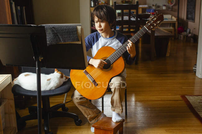 Un niño se sienta junto a su gato en la luz de la ventana practicando la guitarra en casa - foto de stock