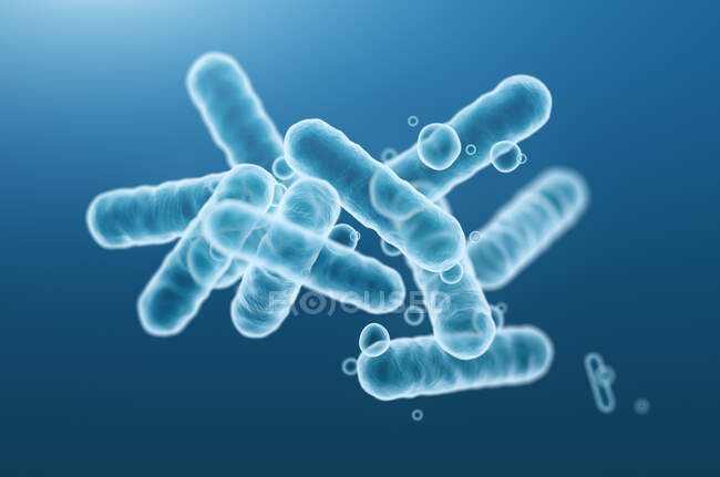 Primer plano de la reproducción 3D microscópica bacterias azules. - foto de stock
