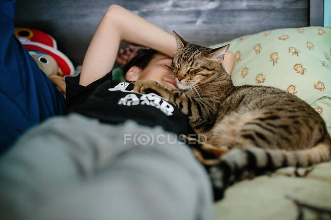 Brown tabby gatto coccole fino contro il faccia un 10 anno vecchio ragazzo — Foto stock