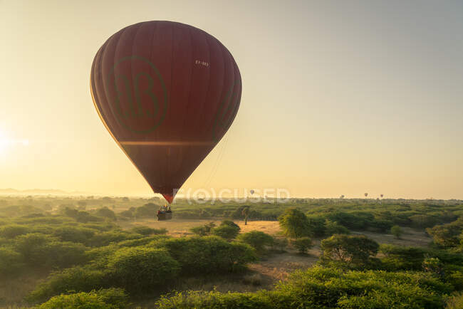 Ballon volant à basse altitude au-dessus de la végétation, UNESCO, Bagan, Région de Mandalay, Myanmar — Photo de stock