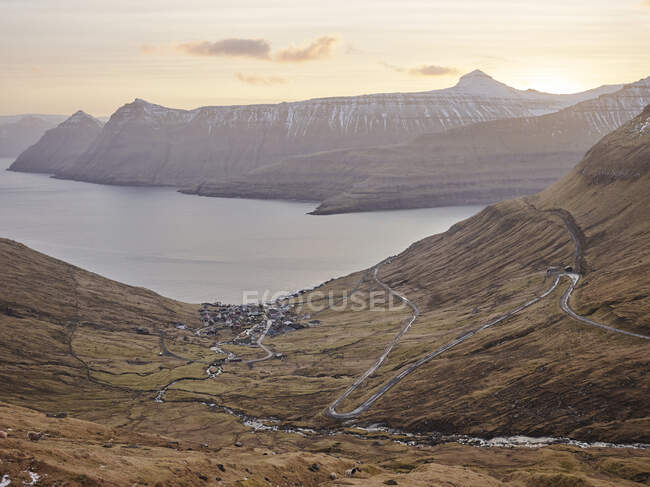 Funningur town from mountain above at sunrise in the Faroe Islands — Stock Photo