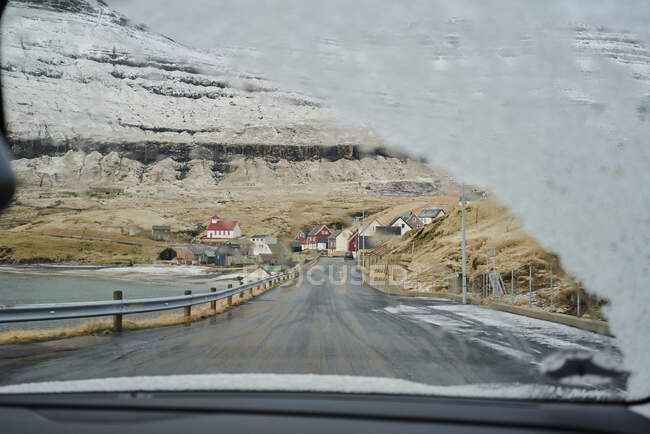 Looking through snow covered windshield of car in the Faroe Islands — Stock Photo