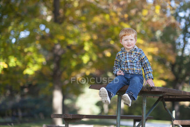 Menino de 3 a 4 anos sentado na borda da mesa de piquenique sorrindo — Fotografia de Stock