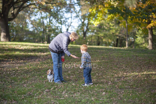 Oma zeigt Enkel beim Spaziergang im Park etwas — Stockfoto