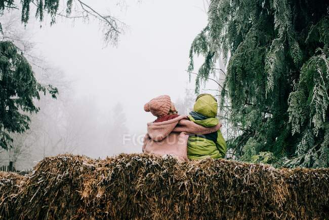 Dos amigos abrazándose se sentaron afuera juntos disfrutando de la escena de invierno - foto de stock