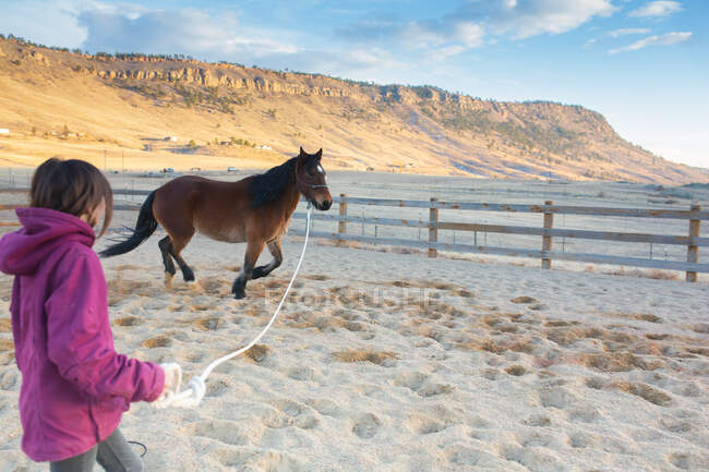 Pferd läuft auf Seil mit zwei Mädchen, die es trainieren. — Stockfoto