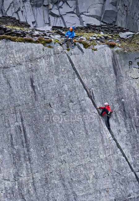 Mujer escalando empinada cara de roca en la cantera de pizarra en el norte de Gales - foto de stock
