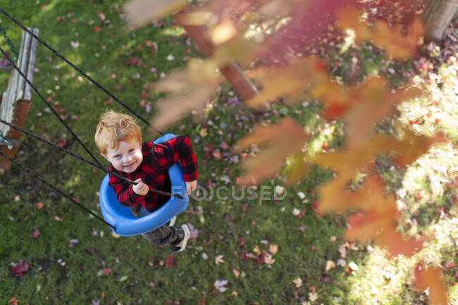 Au-dessus de la tête vue de tout-petit garçon 3-4 ans balançant le jour de l'automne — Photo de stock