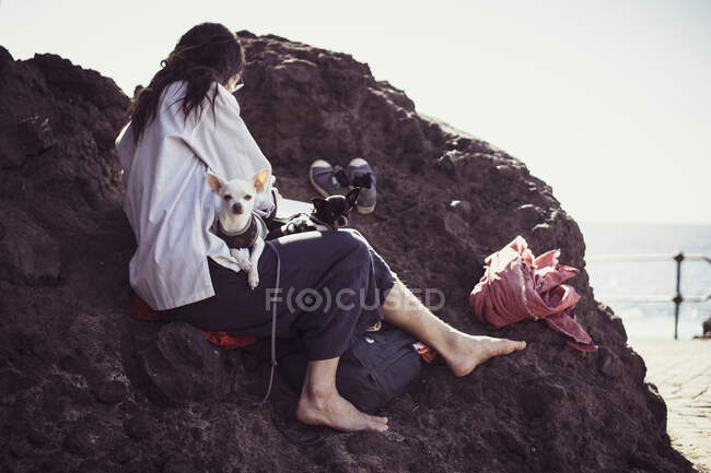 Натуральная женщина сидит на скале с двумя симпатичными собаками на коленях у океана в Испании — стоковое фото