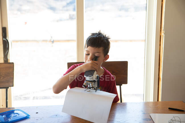 Мальчик смотрит в микроскоп за столом дома — стоковое фото