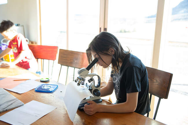 Chica examinando gusano de la comida bajo el microscopio - foto de stock