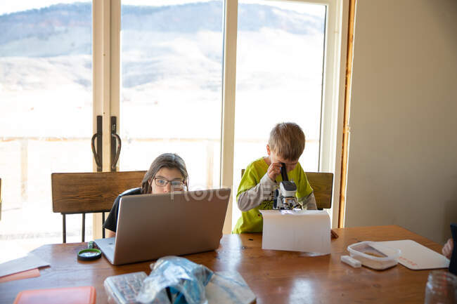 Junge und Mädchen arbeiten zu Hause an der Schularbeit — Stockfoto