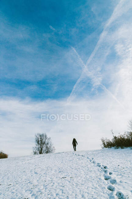 Mulher andando no campo de neve — Fotografia de Stock