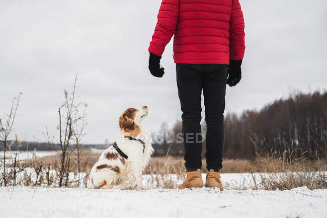 Un chien heureux confiant les yeux fermés se trouve à côté de son propriétaire à l'extérieur, près d'une rivière enneigée gelée. Randonnée pédestre, promenade avec animaux domestiques en hiver - l'homme en veste d'hiver rouge profite de son temps libre avec son chien — Photo de stock