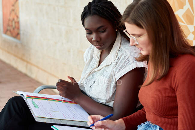 Due giovani donne stanno studiando sedute su una panchina di legno. — Foto stock