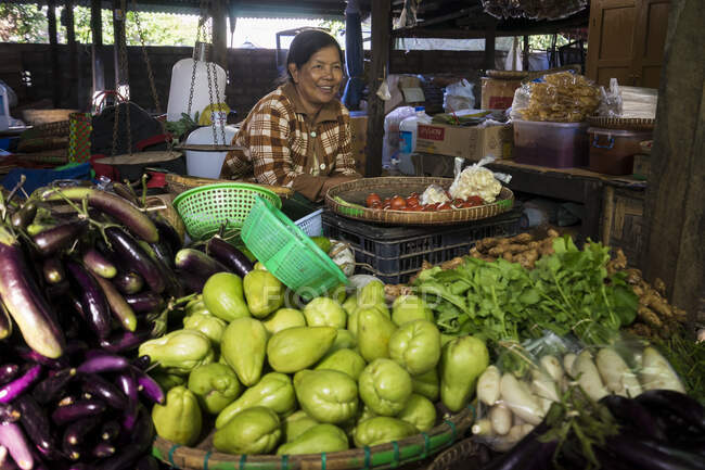 Retrato de la sonriente vendedora del mercado callejero, Hsipaw, Hsipaw - foto de stock