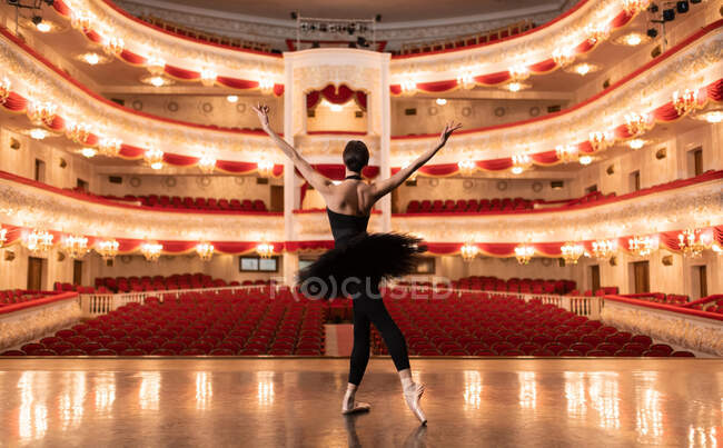 Vista posterior de la mujer con los brazos extendidos de pie en el escenario al final del espectáculo en línea - foto de stock