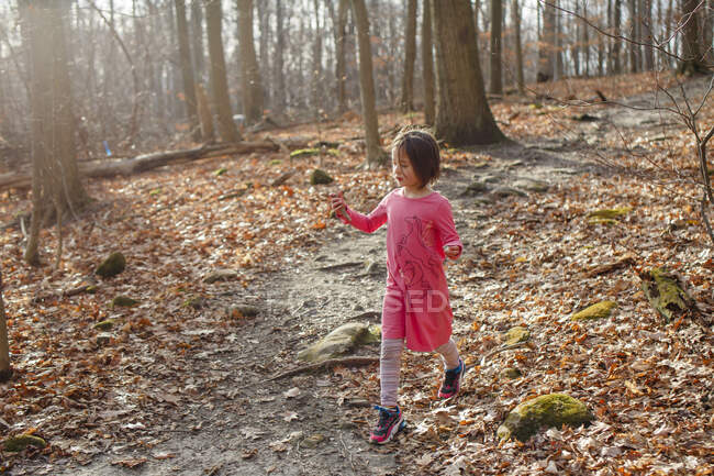 Ein kleines Mädchen geht im Herbst einen grünen Pfad entlang und hält einen gefundenen Schatz in der Hand — Stockfoto