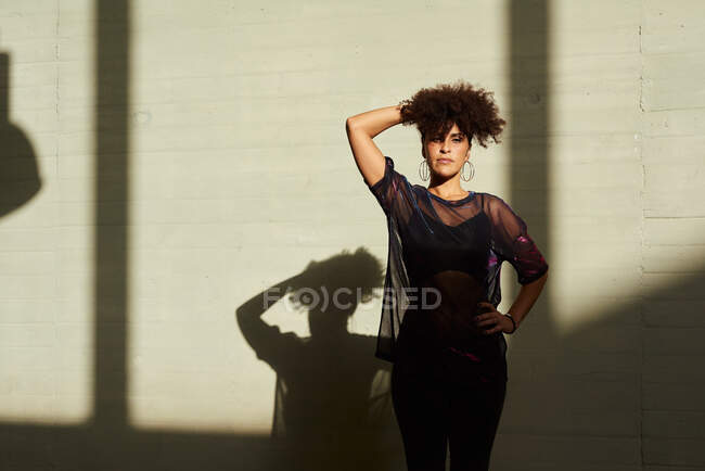 Porträt einer jungen Frau mit Afrohaaren, ihr Schatten wird hinter ihr projiziert — Stockfoto