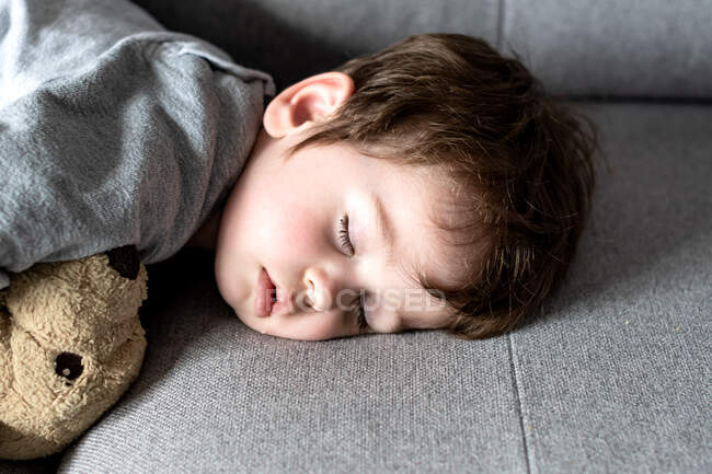 Großaufnahme des Gesichts eines kleinen Jungen, der aus dem Mund sabbert und auf dem Sofa schläft. Er umarmt seinen Stoffhund. — Stockfoto
