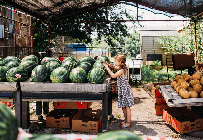 Cute little  girl with water mellons — Stock Photo